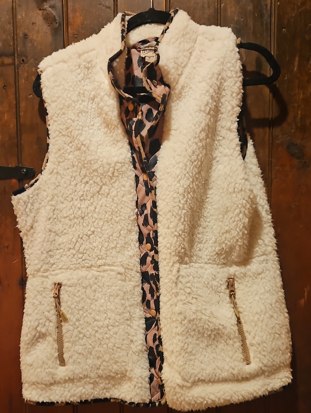 Como Vintage Cream Faux Shearling Vest with Leopard Trim